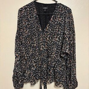 Express Large Black Wrap Blouse Metallic Animal Print Tie Waist